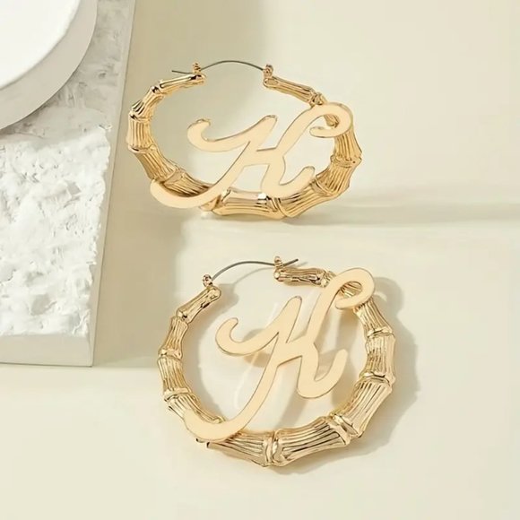 Slub Letter Design Hoop Earrings Retro Elegant Style Alloy 18K Gold Plated - Picture 7 of 8